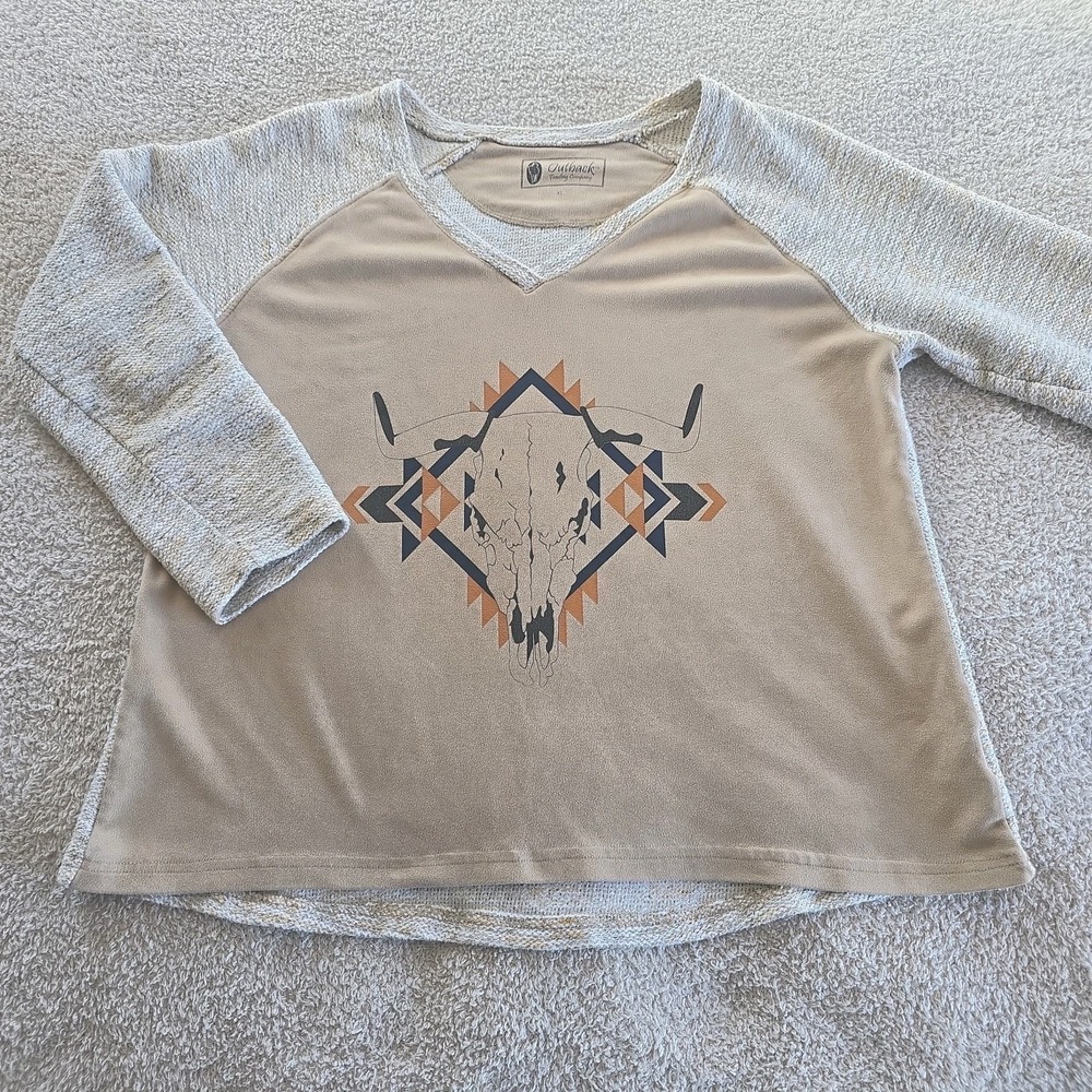 Outback Trading Co Mixed Media Southwestern Graphic‎ Top Steer Skull Aztec Sz XL